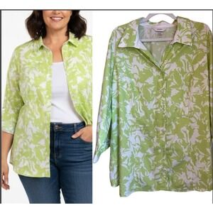 CJ‎ Banks Womens Size 2X Green White Floral Button Up Shirt 3/4 Sleeve